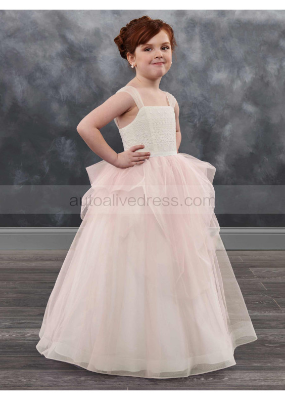 Square Neck Lace Tulle Floor Length Flower Girl Dress